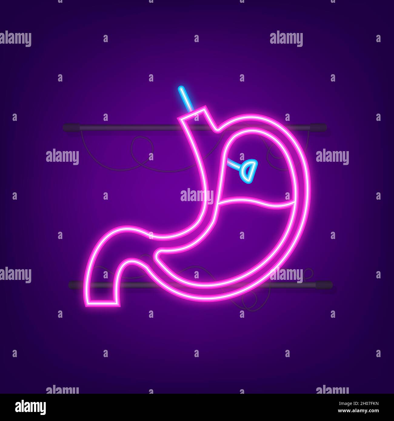 Stomach endoscopy. Endoscope in stomach through esophagus. Neon style. Vector illustration Stock