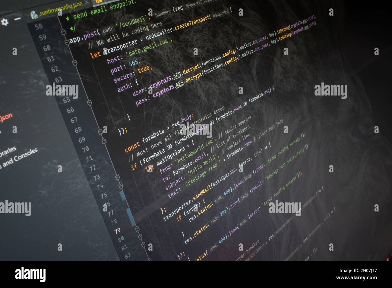 Javascript Node.js Hello World code on screen Stock Photo - Alamy image.