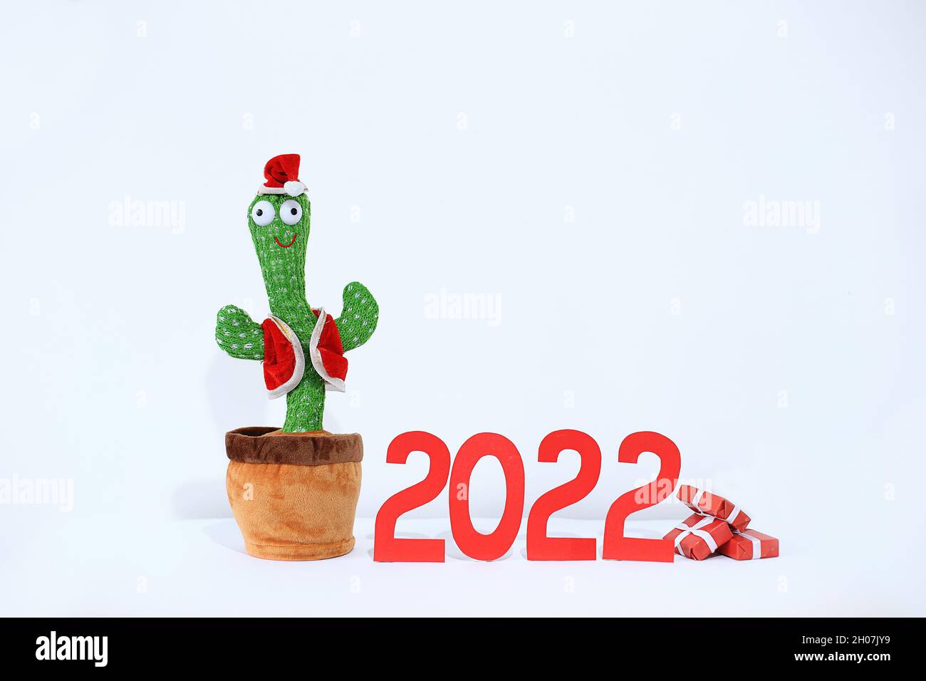 Green cactus with the numbers 2022. New Year's flower in a flower shop. New Year at the sea. Meeting 2022 in Egypt. Dancing cactus in anticipation of the new year Stock Photo
