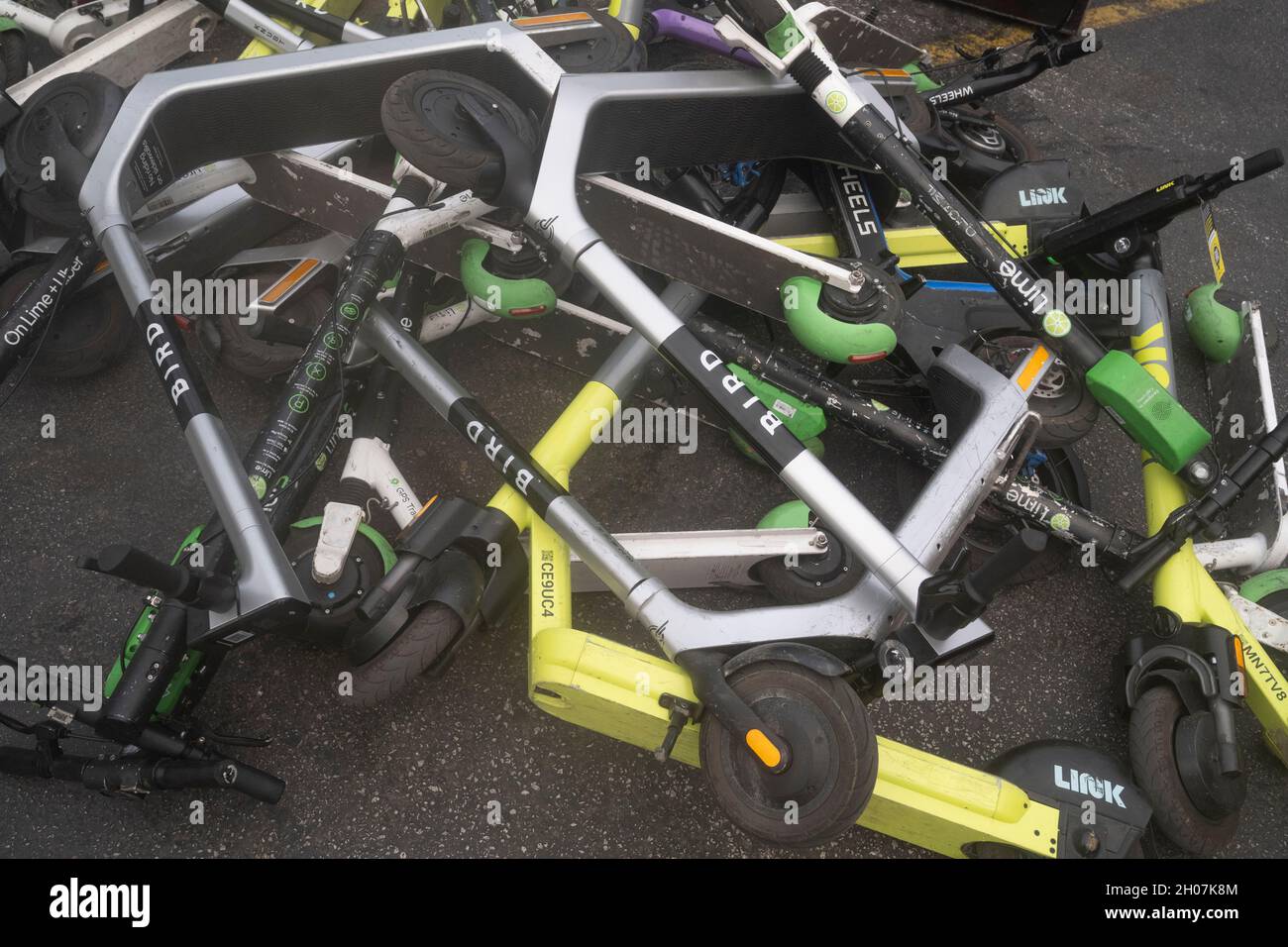 Austin, Texas USA, October 10, 2021 Electric scooters make a haphazard