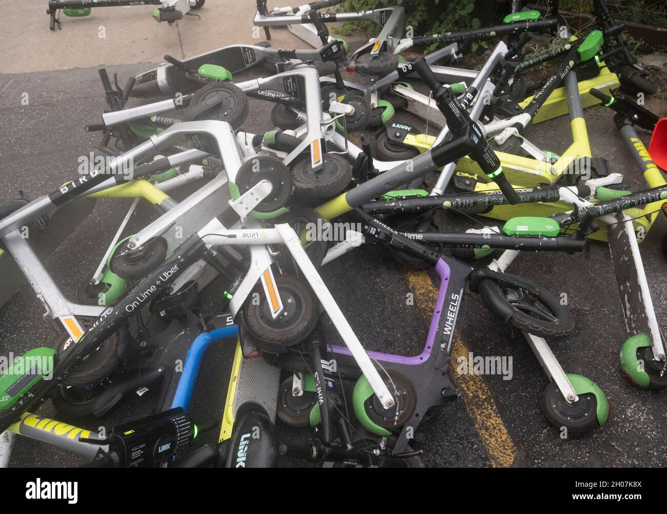 Austin, Texas USA, October 10, 2021 Electric scooters make a haphazard