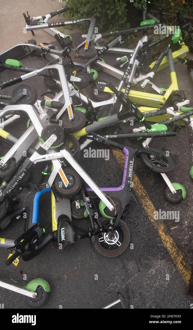Austin, Texas USA, October 10, 2021 Electric scooters make a haphazard