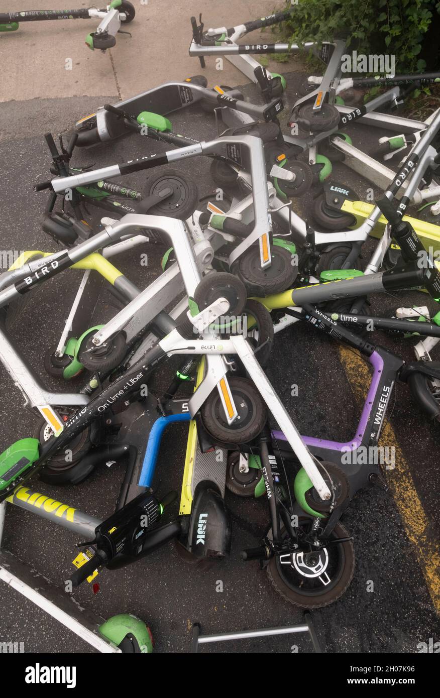 Austin, Texas USA, October 10, 2021 Electric scooters make a haphazard