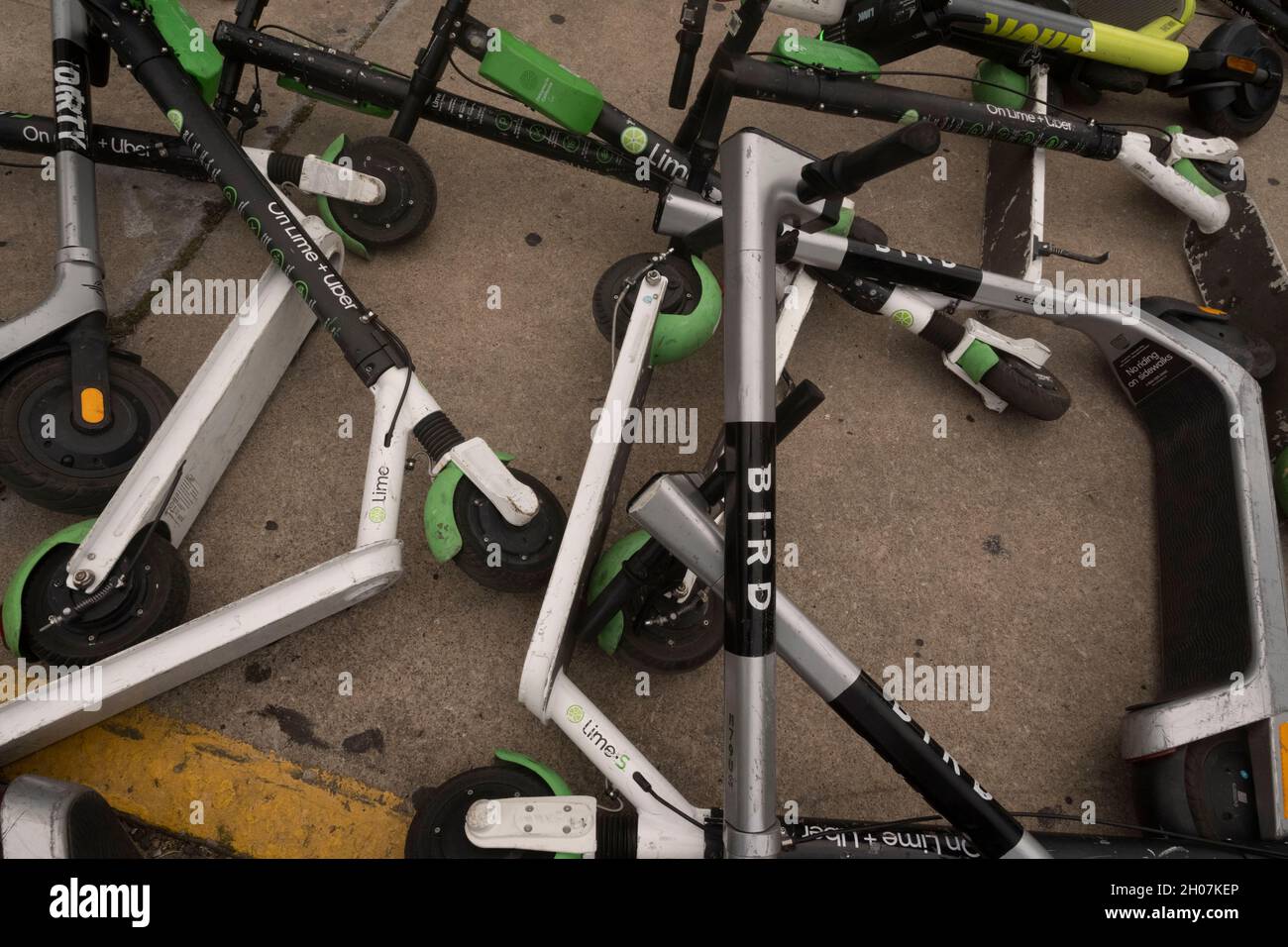 Austin, Texas USA, October 10, 2021 Electric scooters make a haphazard