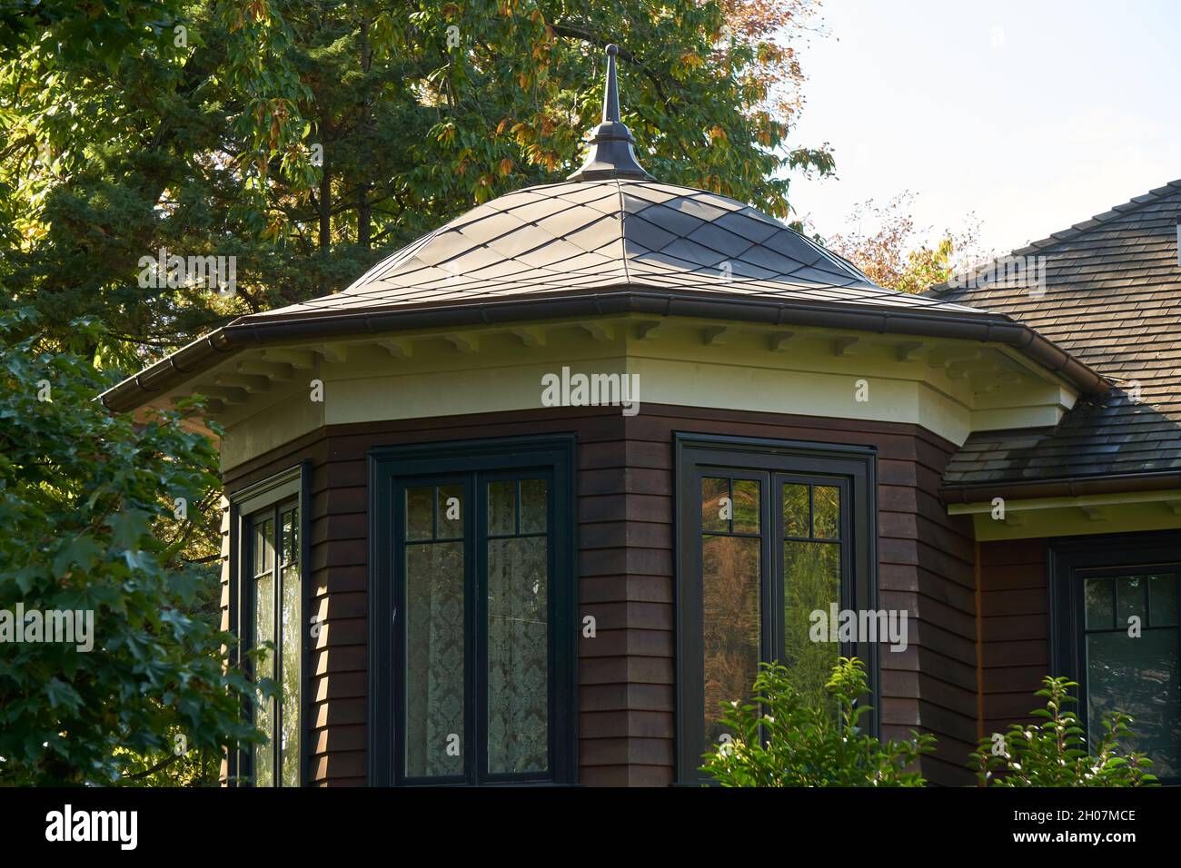 Closeup of a cupola with a finial on a Queen Anne Revival style house in the Shaughnessy neighbourhood of Vancouver, BC, Canada Stock Photo