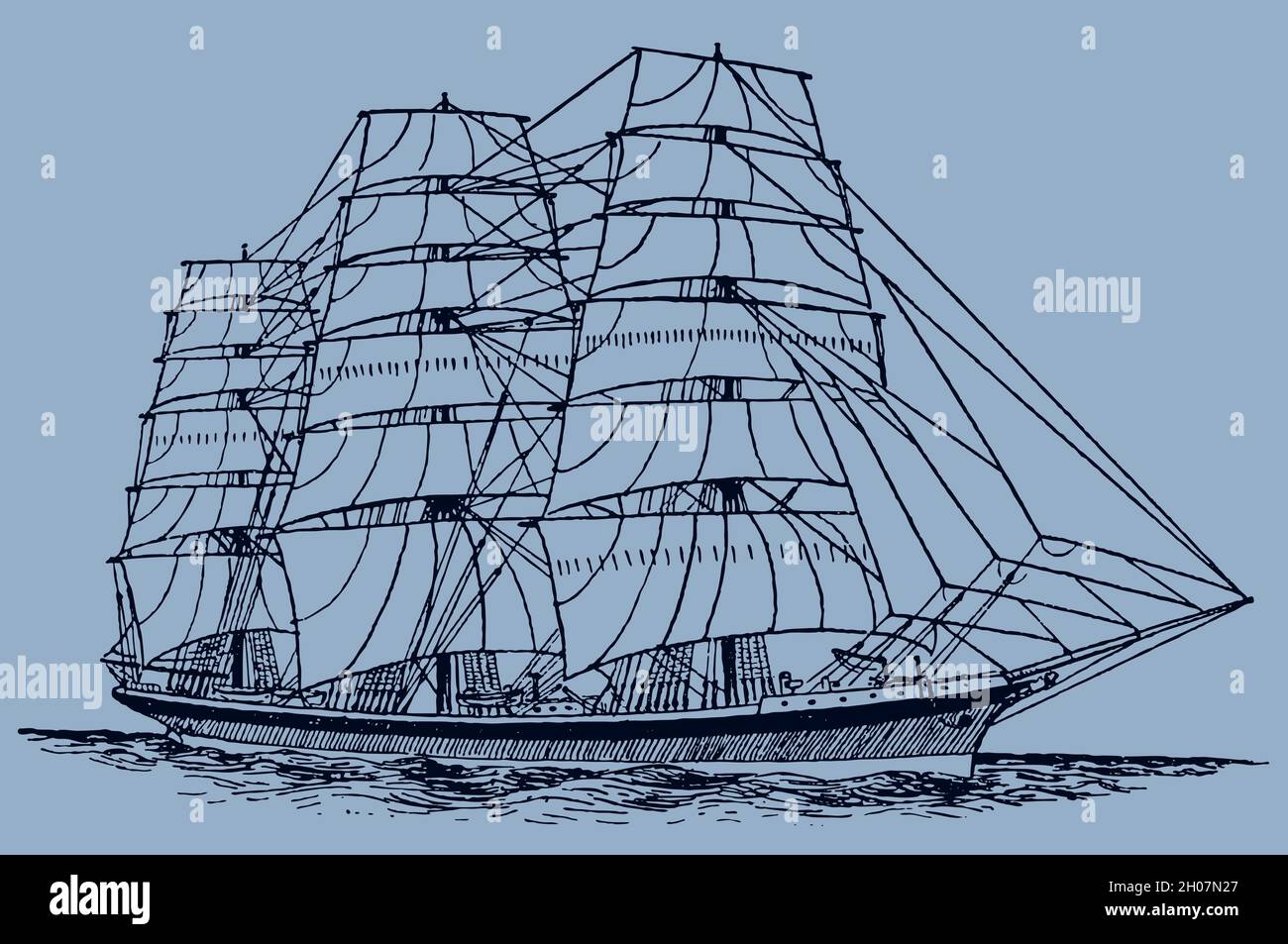 Full-rigged sailing ship on sea, on light blue background Stock Vector