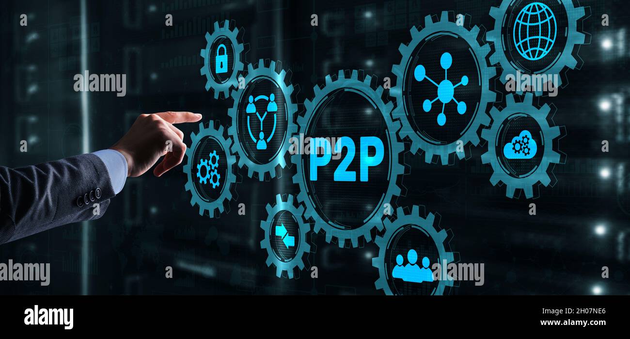 Businessman presses button p2p peer-to-peer on virtual interface. Stock Photo
