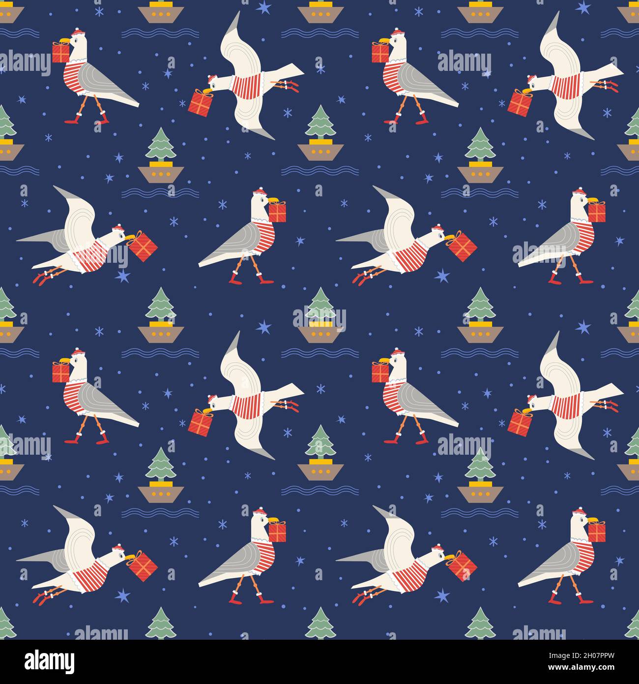 Christmas quirky seagull with gift seamless vector pattern Stock Vector