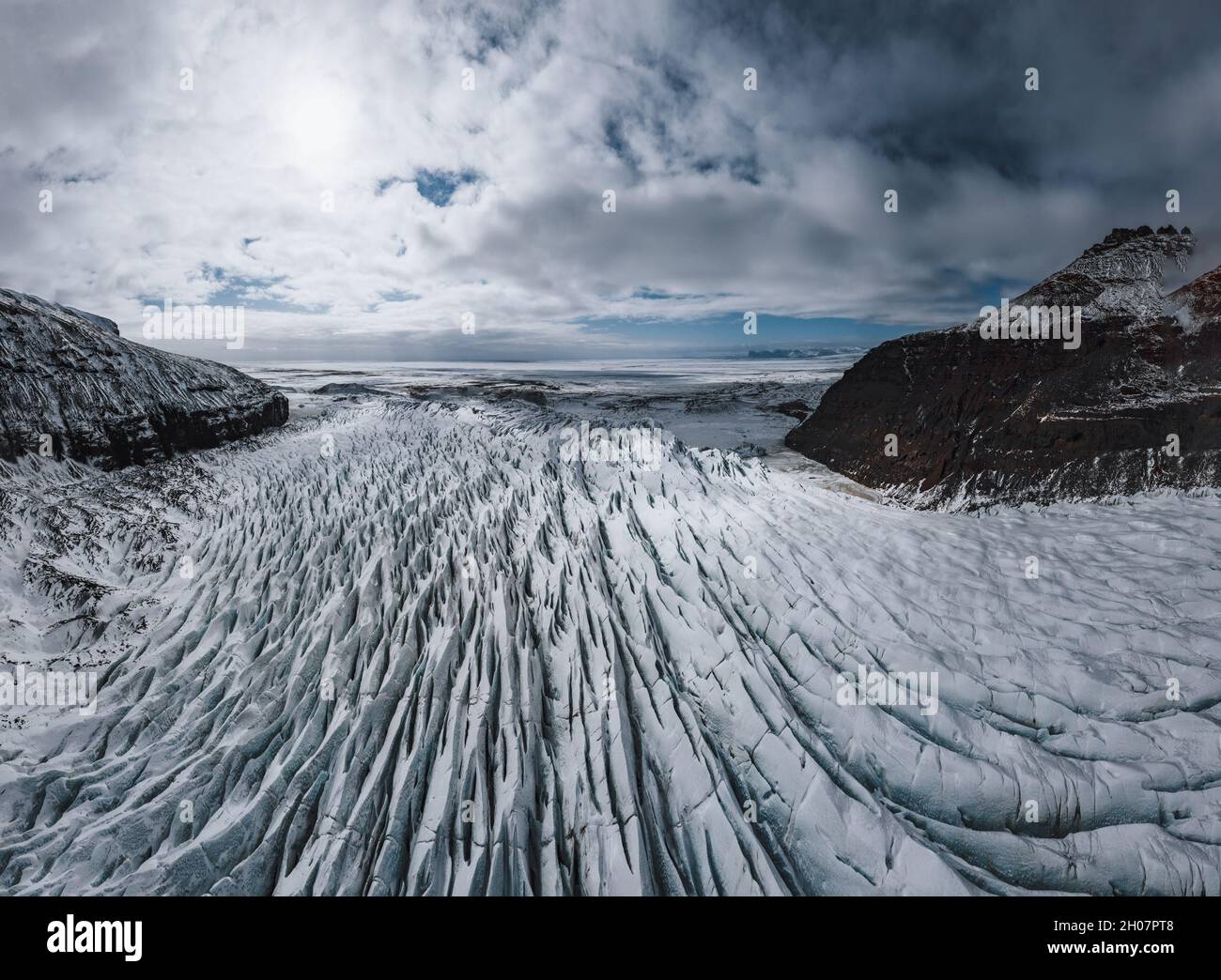 Aerial drone panorama top view glacier iceland svinafellsjoekull, Melting Ice, Climate Change and Global Warming Concept Stock Photo