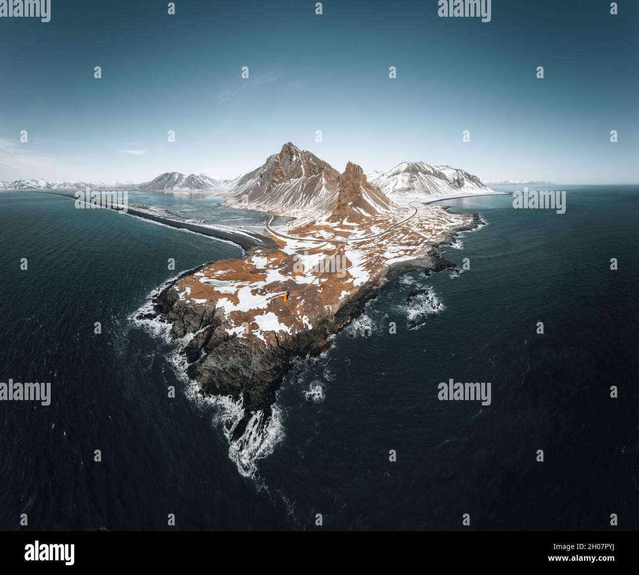 Drone view of a snow covered Eystrahorn mountain in Iceland at Hvalnes peninsula Stock Photo