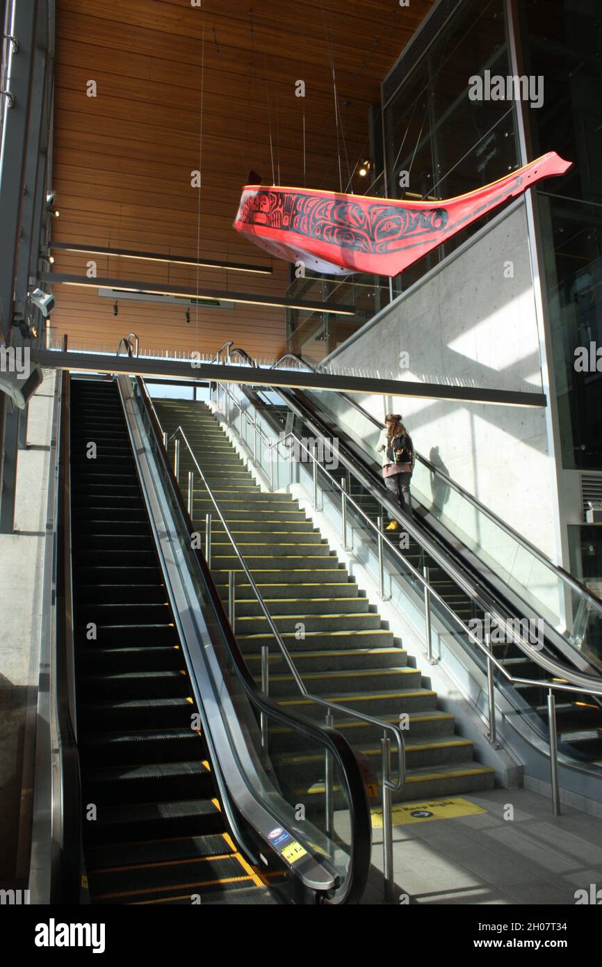 Canoe in the ceiling above the escalators at the Moody Centre Skytrain