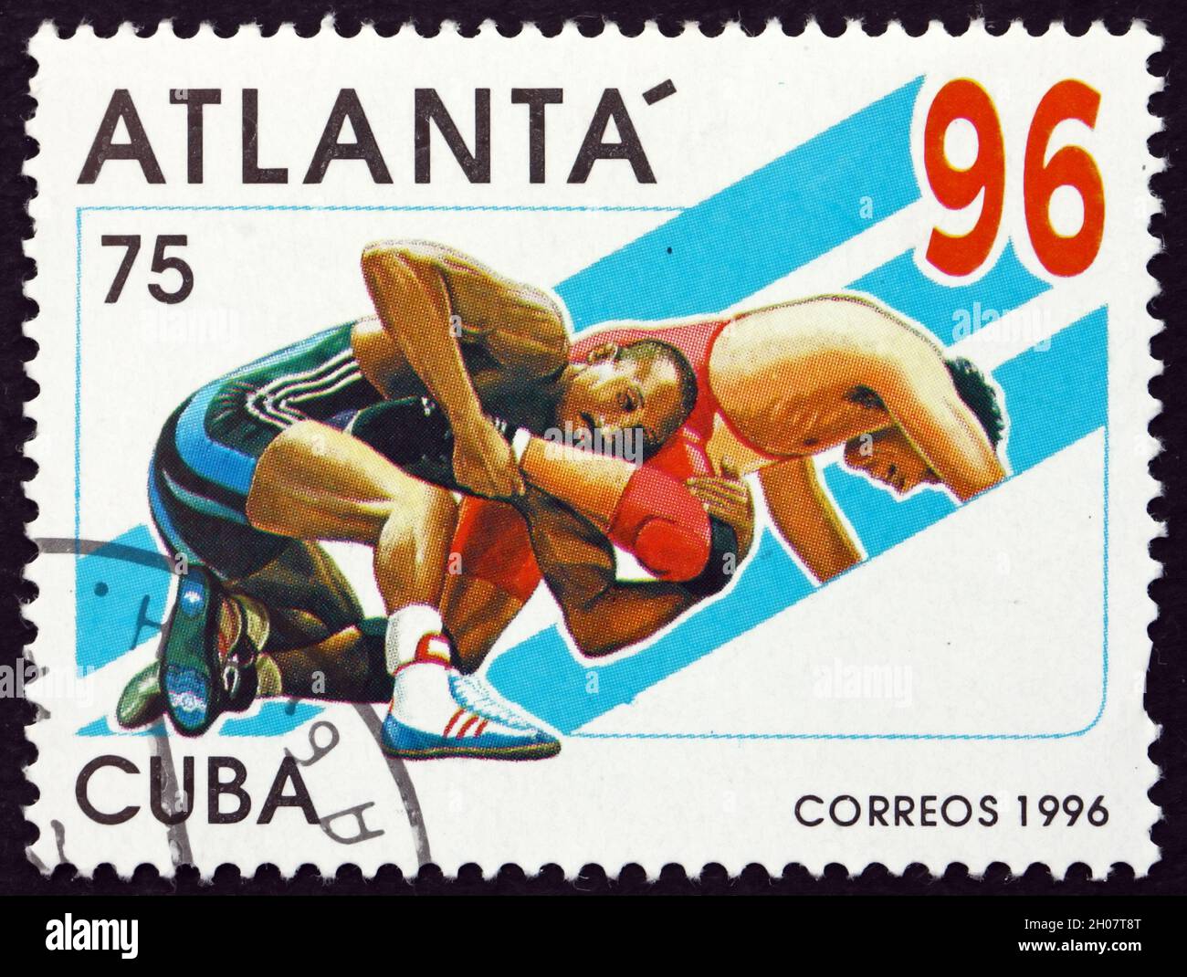 CUBA - CIRCA 1996: a stamp printed in Cuba shows Wrestling, 1996 Summer Olympics, Atlanta, circa 1996 Stock Photo