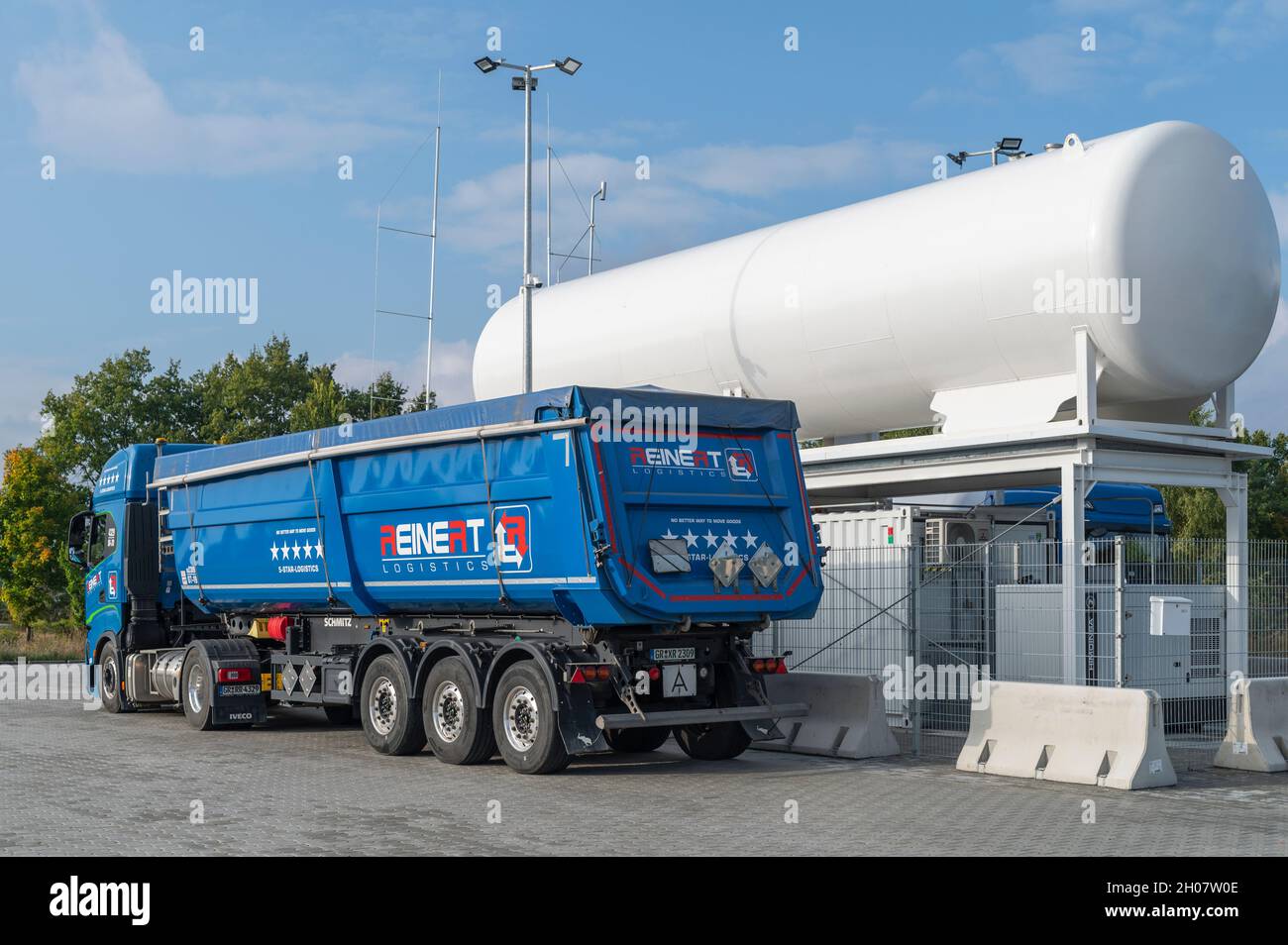 Germany , Kittlitz , 11.10.2021 , A truck of the company Reinert Logistic GmbH  at an LNG filling station Stock Photo