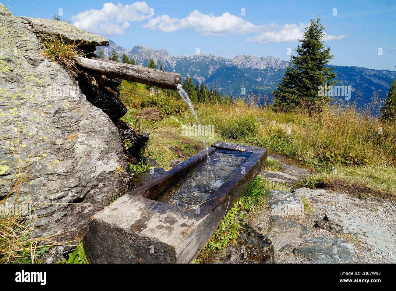 Alpine stream running into an old wooden water trough in the Austrian Alps of the Dachstein region (Steiermark in Austria) Stock Photo