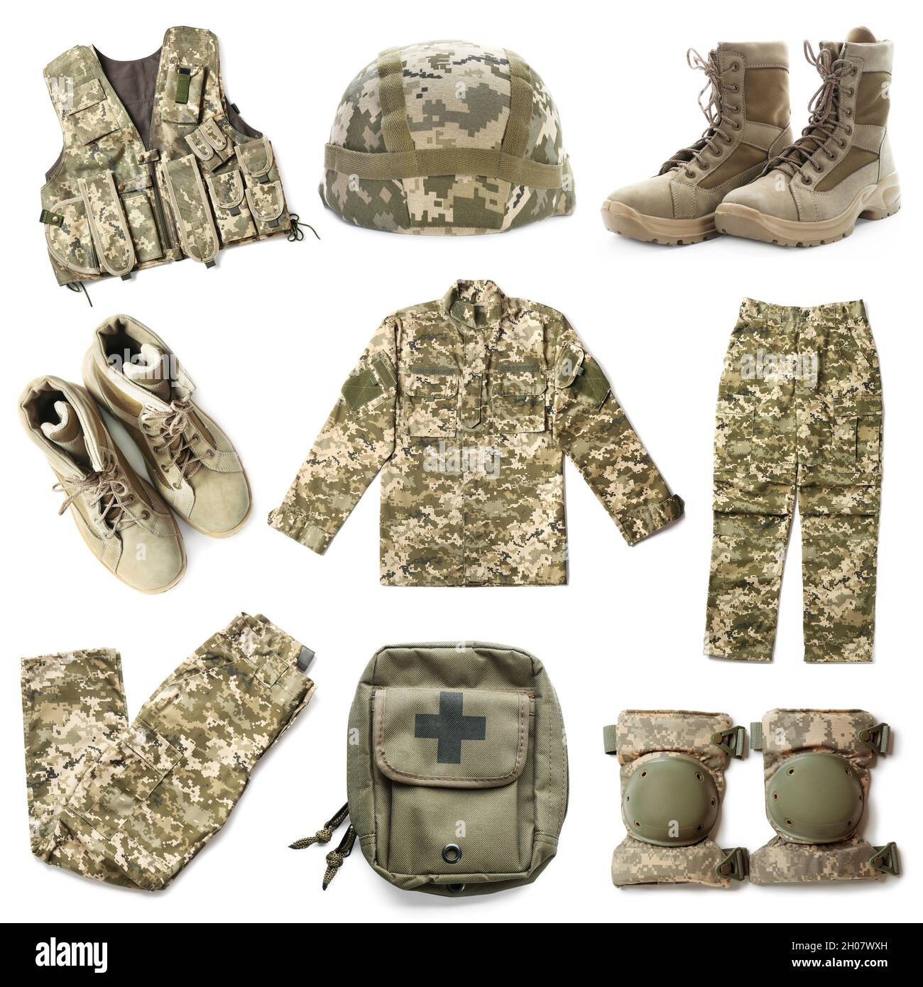 Set with military uniform on white background Stock Photo - Alamy
