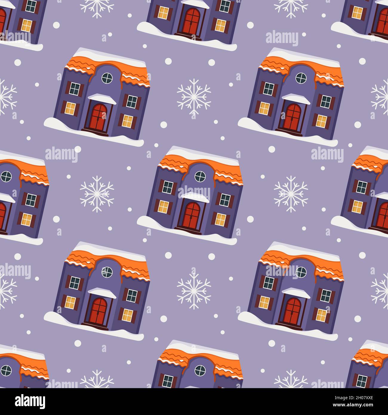 Seamless pattern with festive Christmas houses, snowflakes and snow on ...