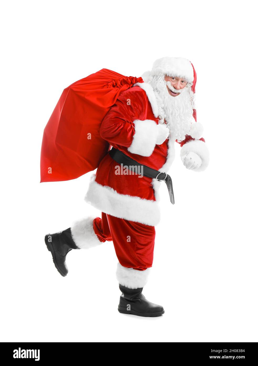 Authentic Santa Claus with red bag full of gifts on white background ...