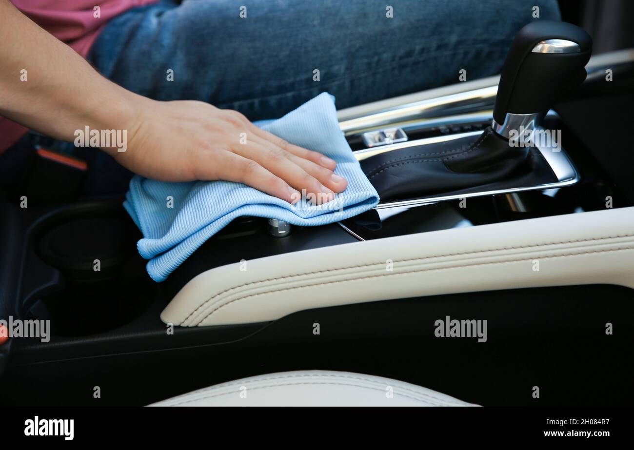 Man washing car salon with rag, closeup Stock Photo Alamy
