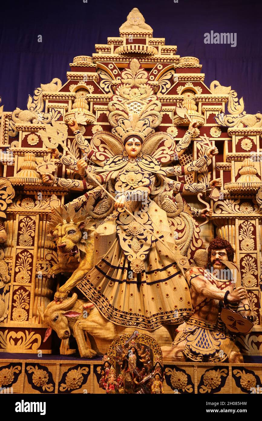 Kolkata, India. 11th Oct, 2021. An idol of the Goddess Durga is ...