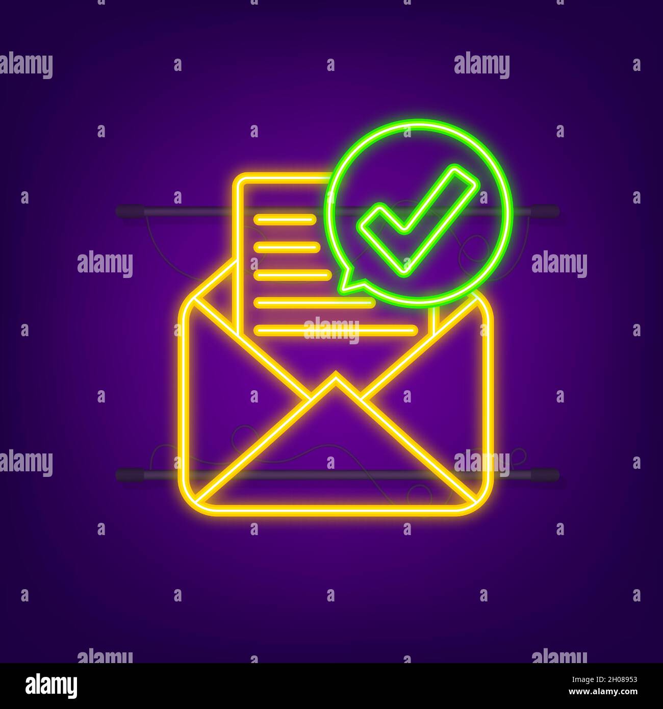 Opened envelope and document with green check mark. Neon icon. Verification email. Vector illustration Stock Vector