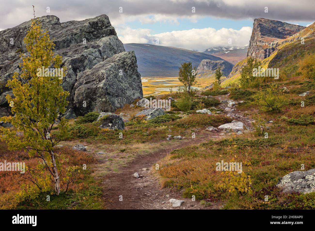 Colorful hike to Skierfe in Aktse National Park, Sweden, during fall Stock Photo