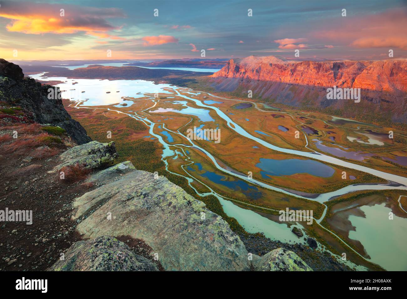 View from the top of Skierfe in Sarek right after sunrise in the morning, in fall Stock Photo