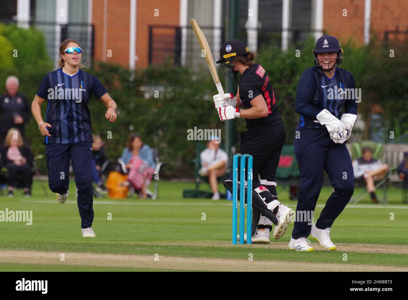 Gosforth, England, 25 August 2021. Bess Heath wicket keeper for Northern Diamonds is happy after taking a catch to dismiss Jo Gardner of Sunrisers in the group stages of the Charlotte Edwards Cup at Roseworth Terrace. Credit: Colin Edwards Stock Photo