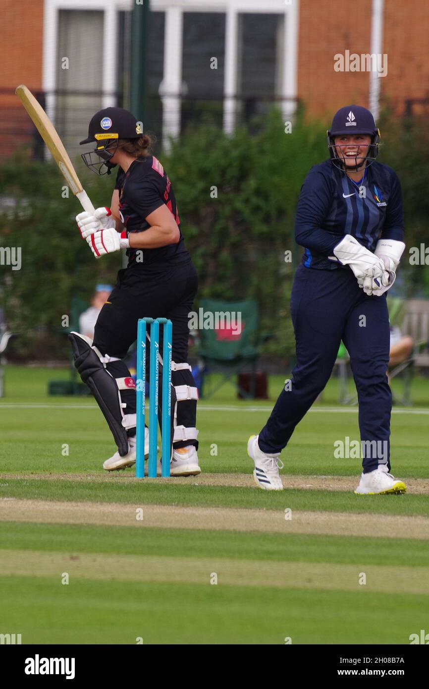 Gosforth, England, 25 August 2021. Bess Heath wicket keeper for Northern Diamonds is happy after taking a catch to dismiss Jo Gardner of Sunrisers in the group stages of the Charlotte Edwards Cup at Roseworth Terrace. Credit: Colin Edwards Stock Photo