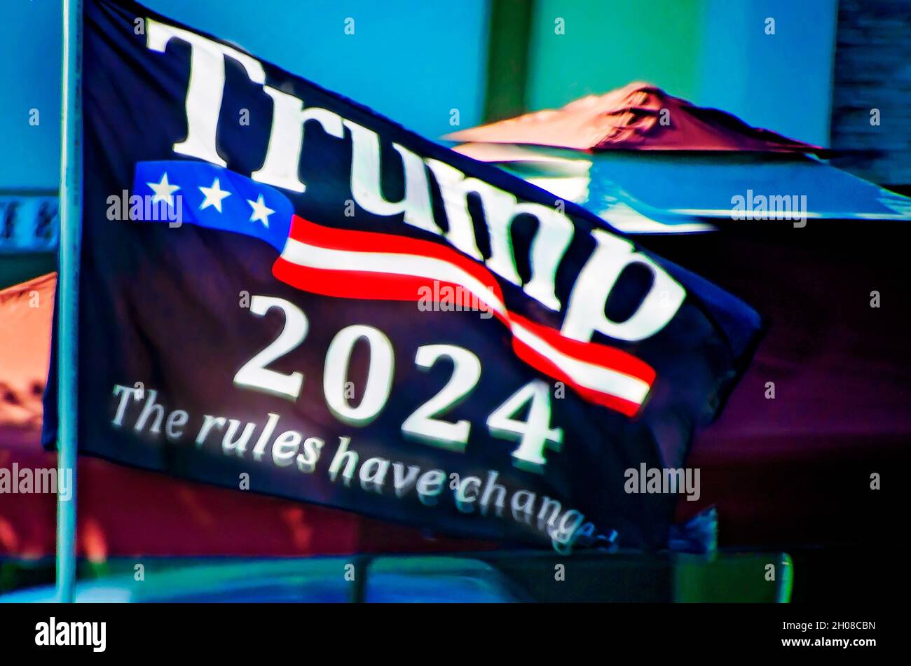 A Trump 2024 flag bears the message: “The rules have changed,” Oct. 9, 2021, in Biloxi, Mississippi. Many Mississippians are Trump supporters. Stock Photo