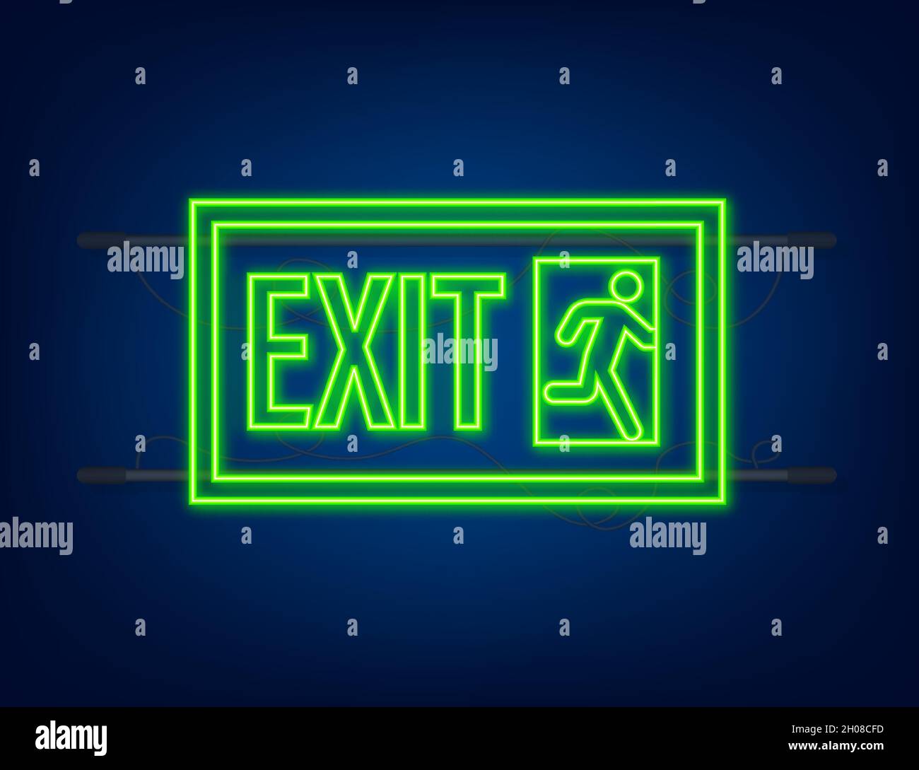 Emergency exit sign. Protection symbol. Fire icon. Neon style. Vector