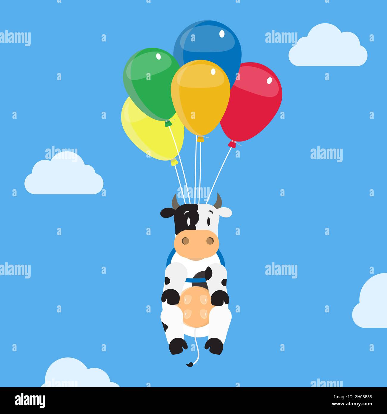 Cow flying using balloons. Comic illustration. Metaphor and fantasy. Stock Vector