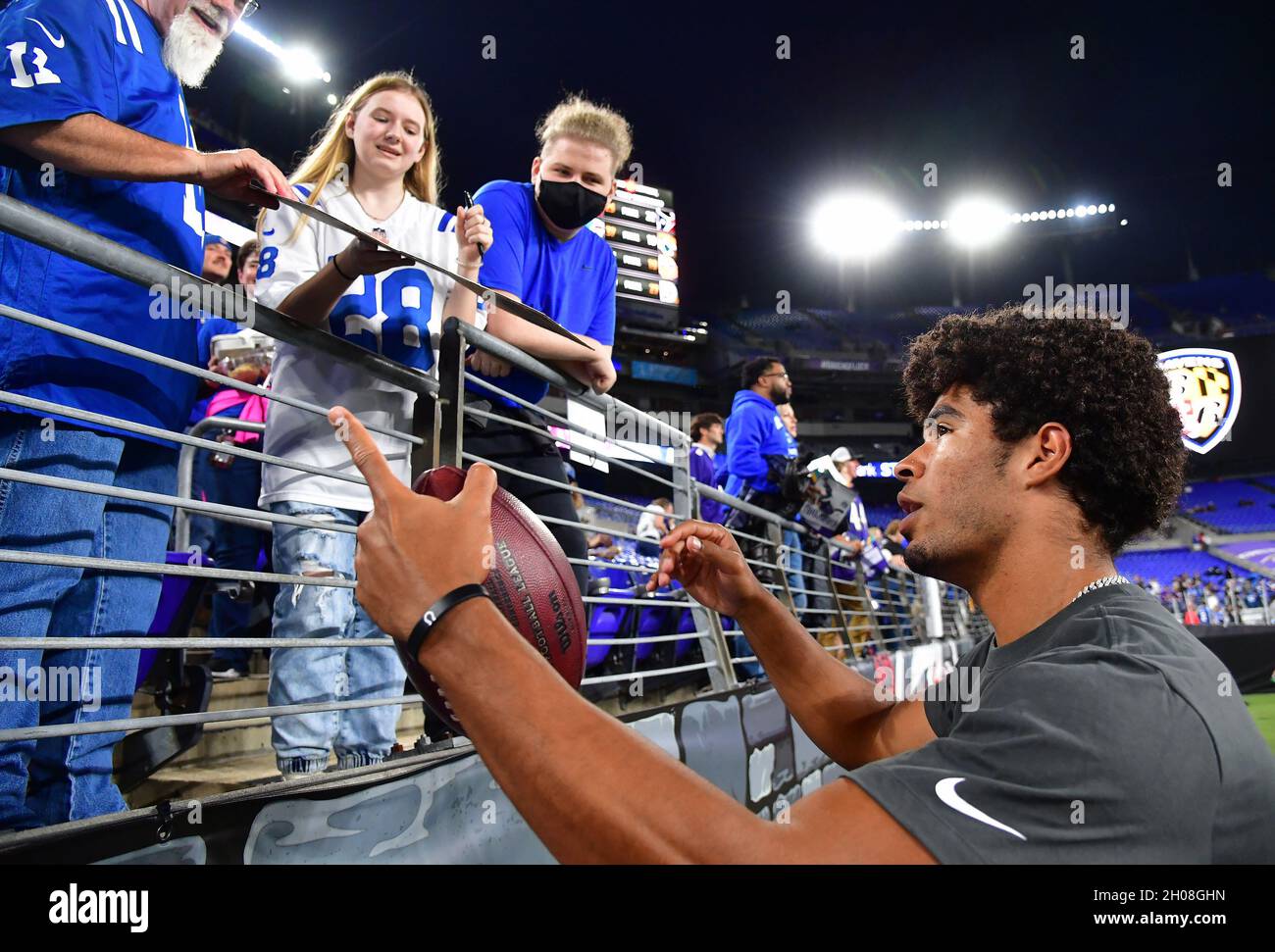 Baltimore, United States. 11th Oct, 2021. Indianapolis Colts wide receiver Dezmon Patmon signs autographs before a game against the Baltimore Ravens at M&T Bank Stadium in Baltimore, Maryland, on Monday, October 11, 2021. Photo by David Tulis/UPI Credit: UPI/Alamy Live News Stock Photo