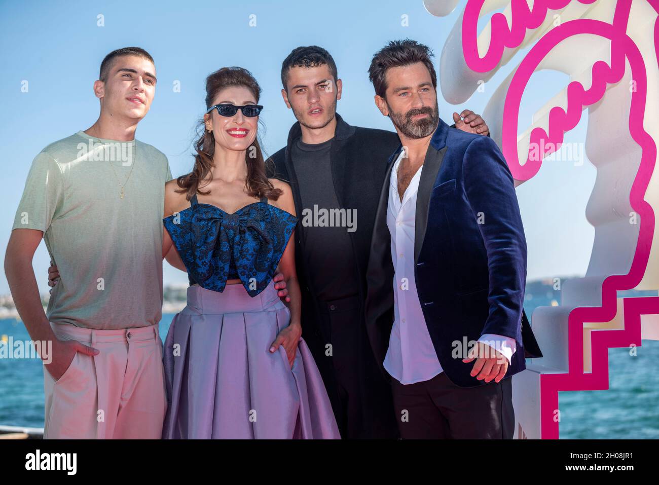 Cannes, France, 11 October 2021,  SHANI COHEN (actress) , YANIV BITTON (actor), YEHUDA LEVI (actor) and OFEK PESACH (actor) at the photo call for 'UNKNOWNS' during MIPCOM 2021 - The World’s Entertainment Content Market and the 4rd Canneseries - International Series Festival © ifnm press / Alamy Live News Stock Photo