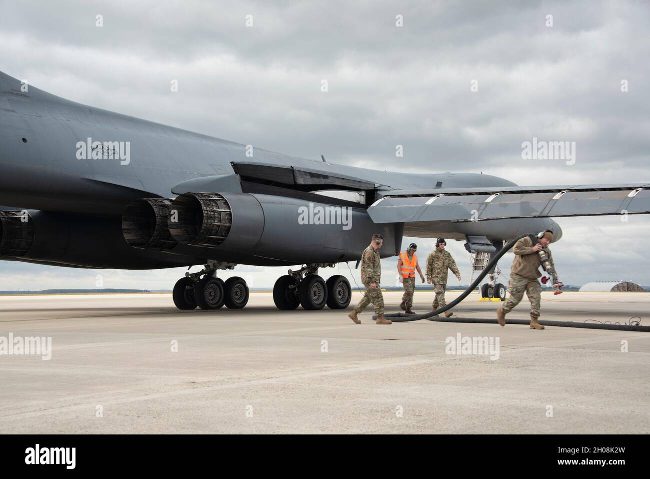 Two B-1B Lancers, from Dyess Air Force Base's 9th Expeditionary Bomb  Squadron currently operating from Royal Air Force Fairford, England,  conduct hot pit refueling using the innovative Versatile Integrated Partner  Equipment Refueling (