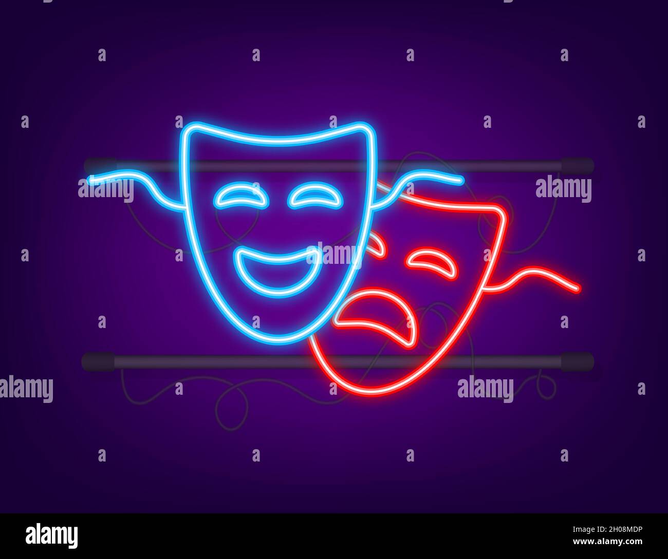 Comedy and tragedy theatrical masks. Neon style. Vector illustration Stock Vector