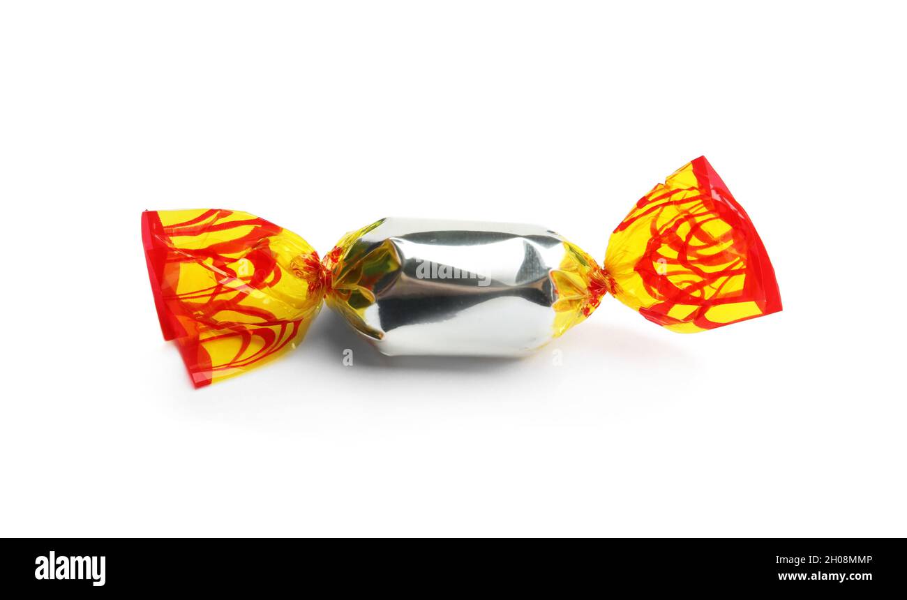 Delicious candy wrapped in foil on white background Stock Photo Alamy
