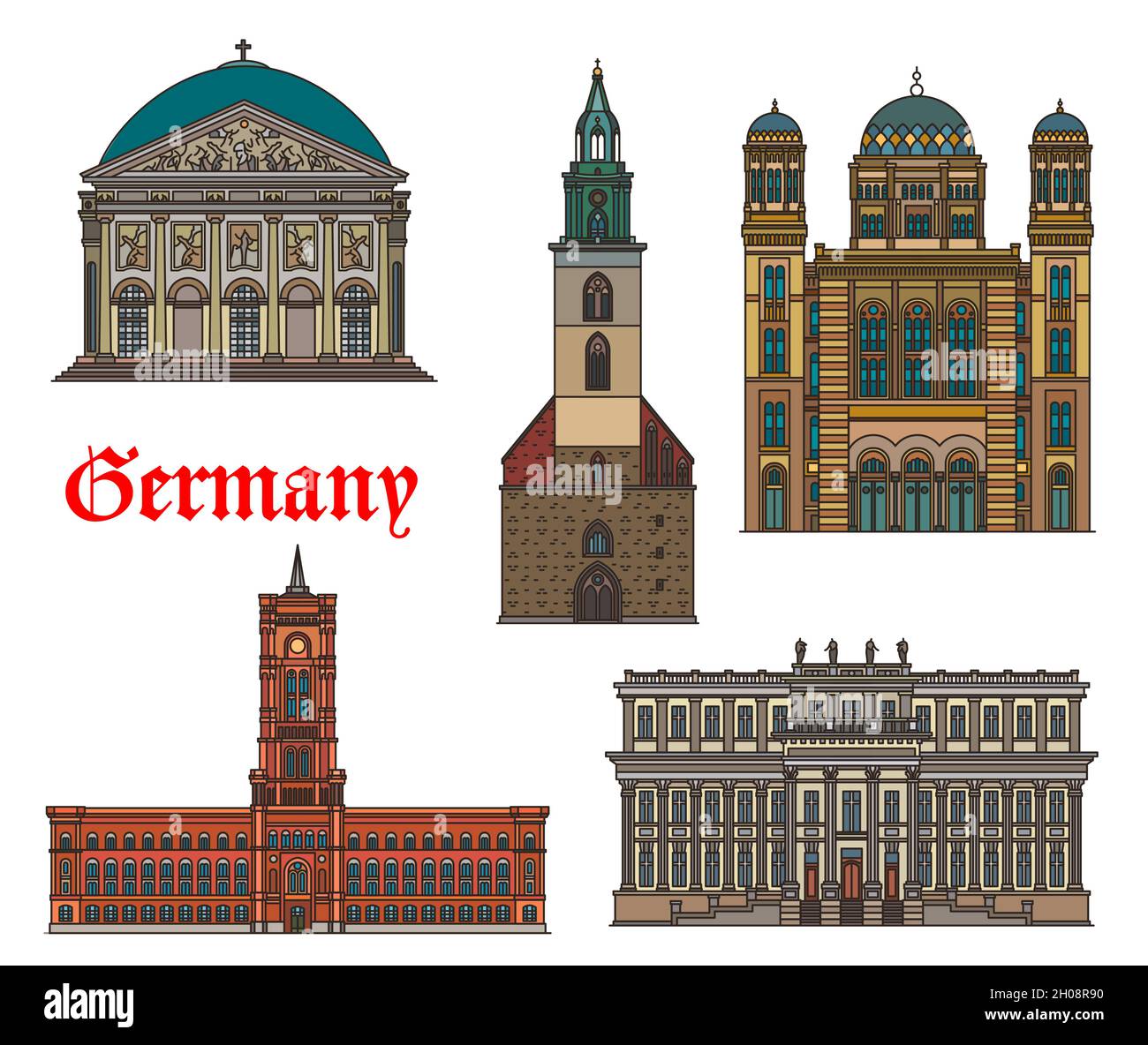 Germany, Berlin architecture buildings and travel landmarks, vector. German historic St Mary church, Saint Hedwig cathedral and Red City Hall, Crown P Stock Vector
