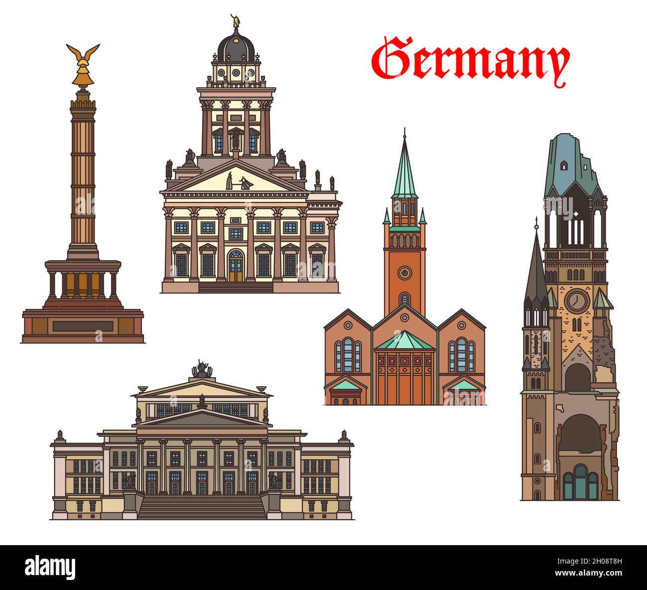 Germany architecture, Berlin landmarks and buildings, vector German churches and cathedrals. St Matthaus Kirche, Victory Column and French cathedral, Stock Vector