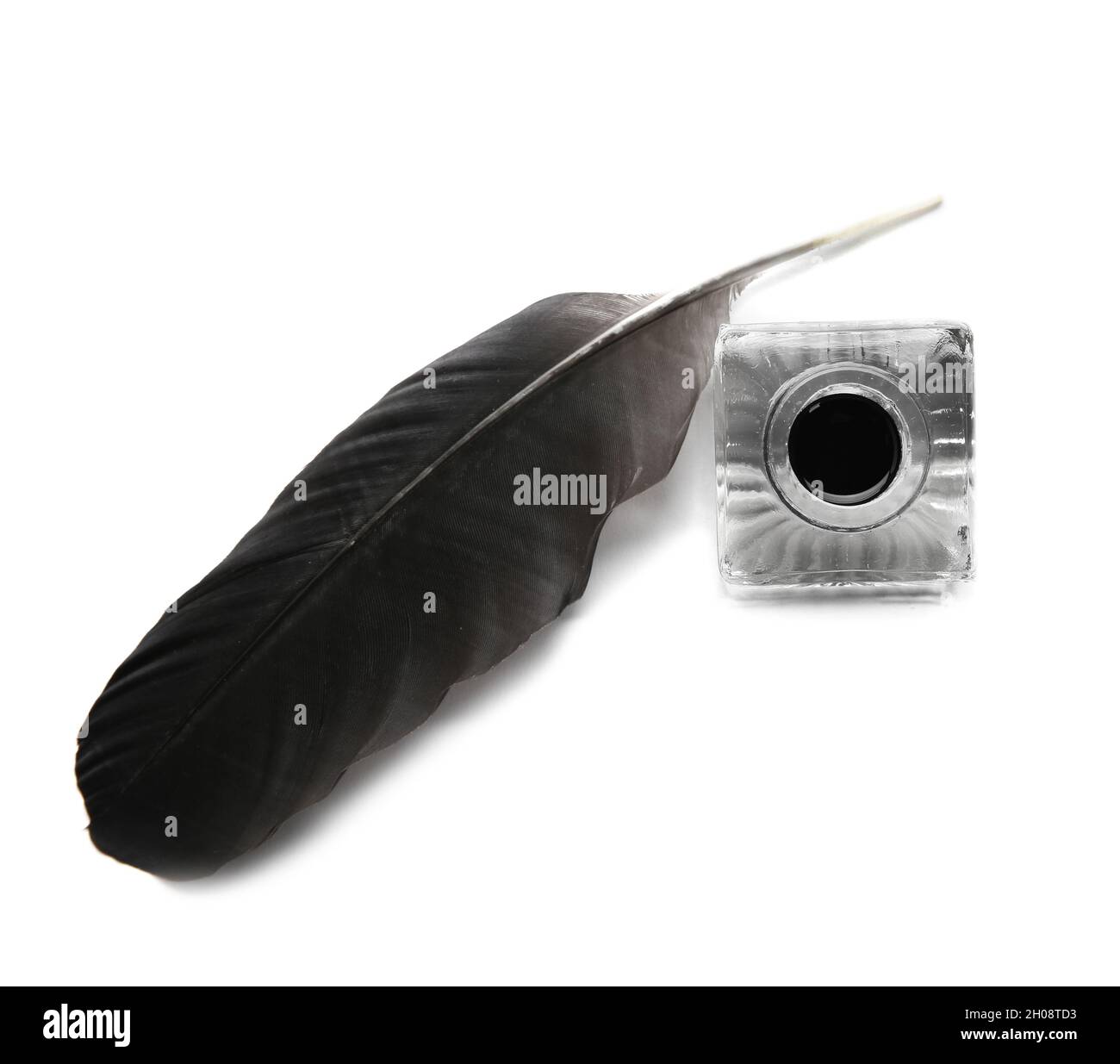 Feather pen and inkwell on white background, top view Stock Photo - Alamy