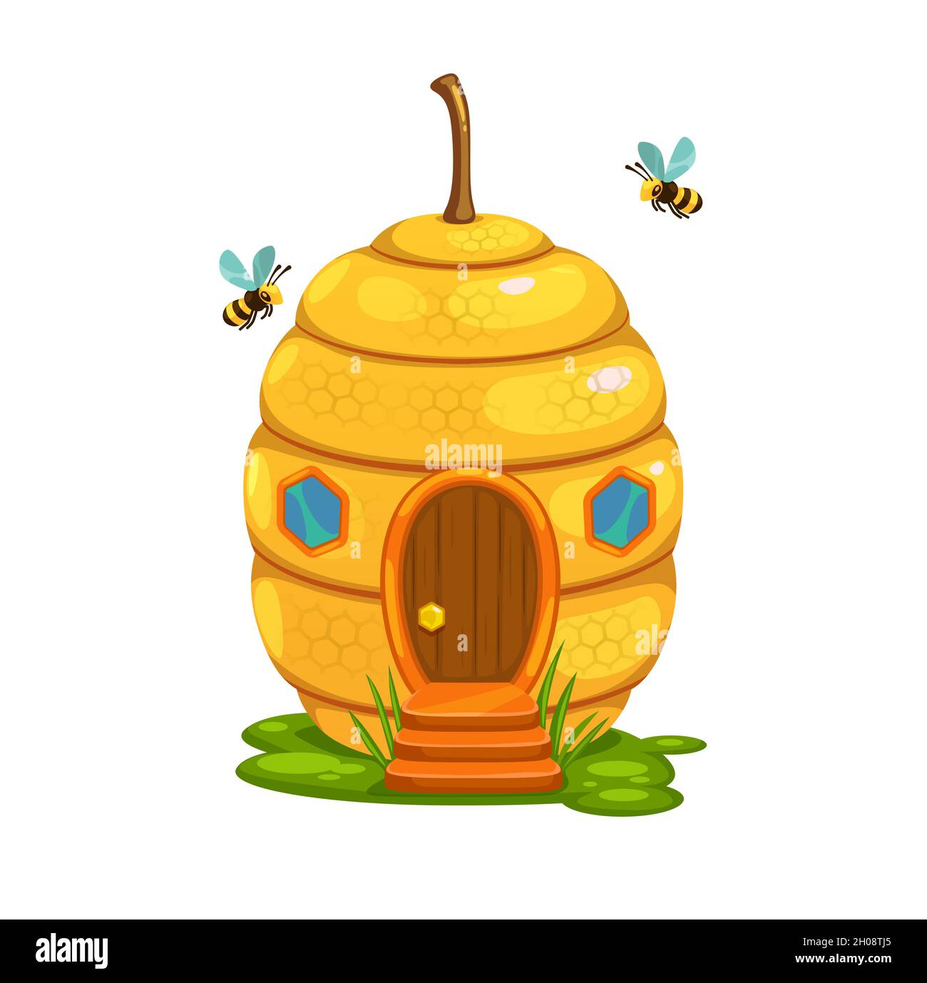 Bee hive cartoon fairy house or dwelling of honey bee swarm nest. Vector fantasy building in shape of wild honeybee beehive with honeycombs, yellow wa Stock Vector