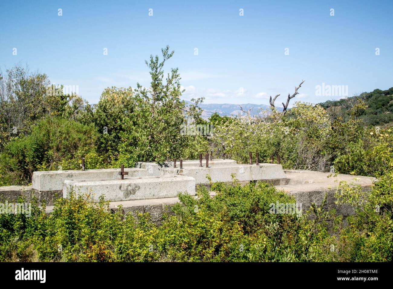 Remains of the abandoned (in 1893) Buena Vista Shaft in New Almaden Hills. Granite footings remain where the once impressive pump house stood. Stock Photo