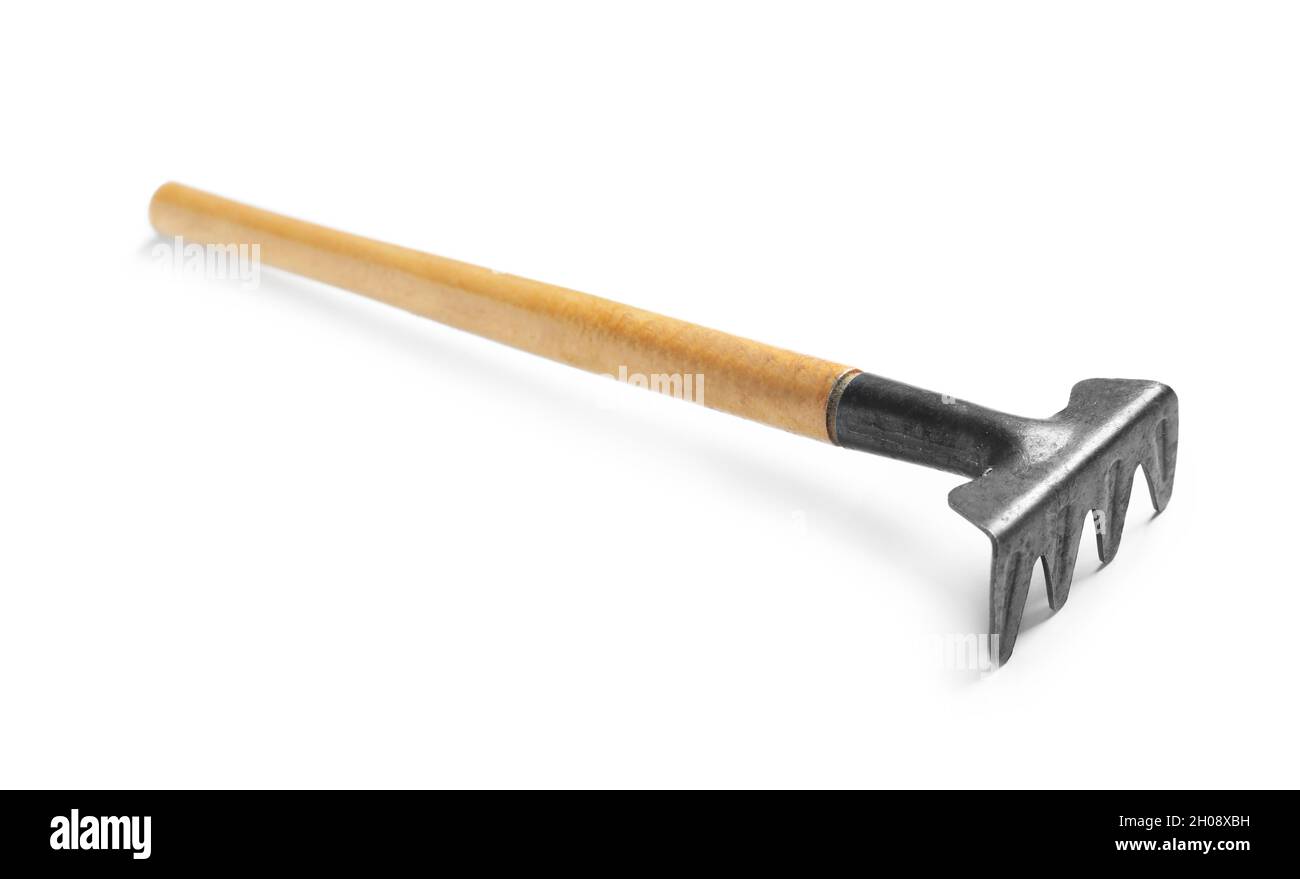 New rake on white background. Professional gardening tool Stock Photo ...
