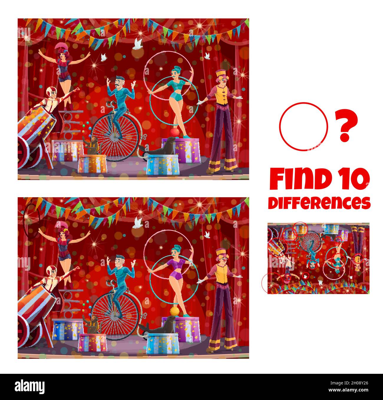 Find differences, circus stage with performers. Vector kids game ...