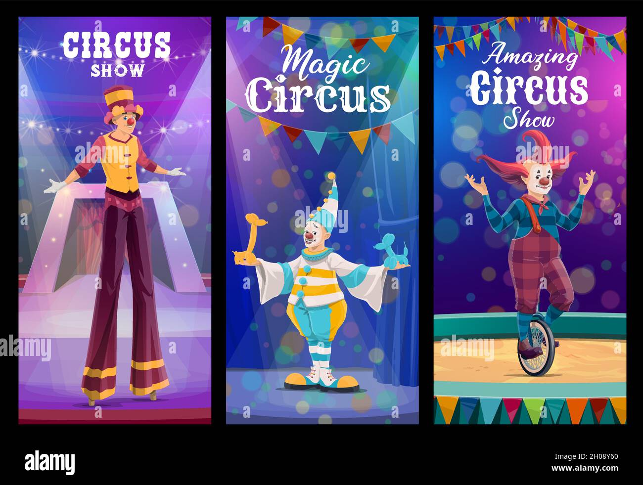 Shapito circus cartoon clowns and acrobat characters. Circus show clown