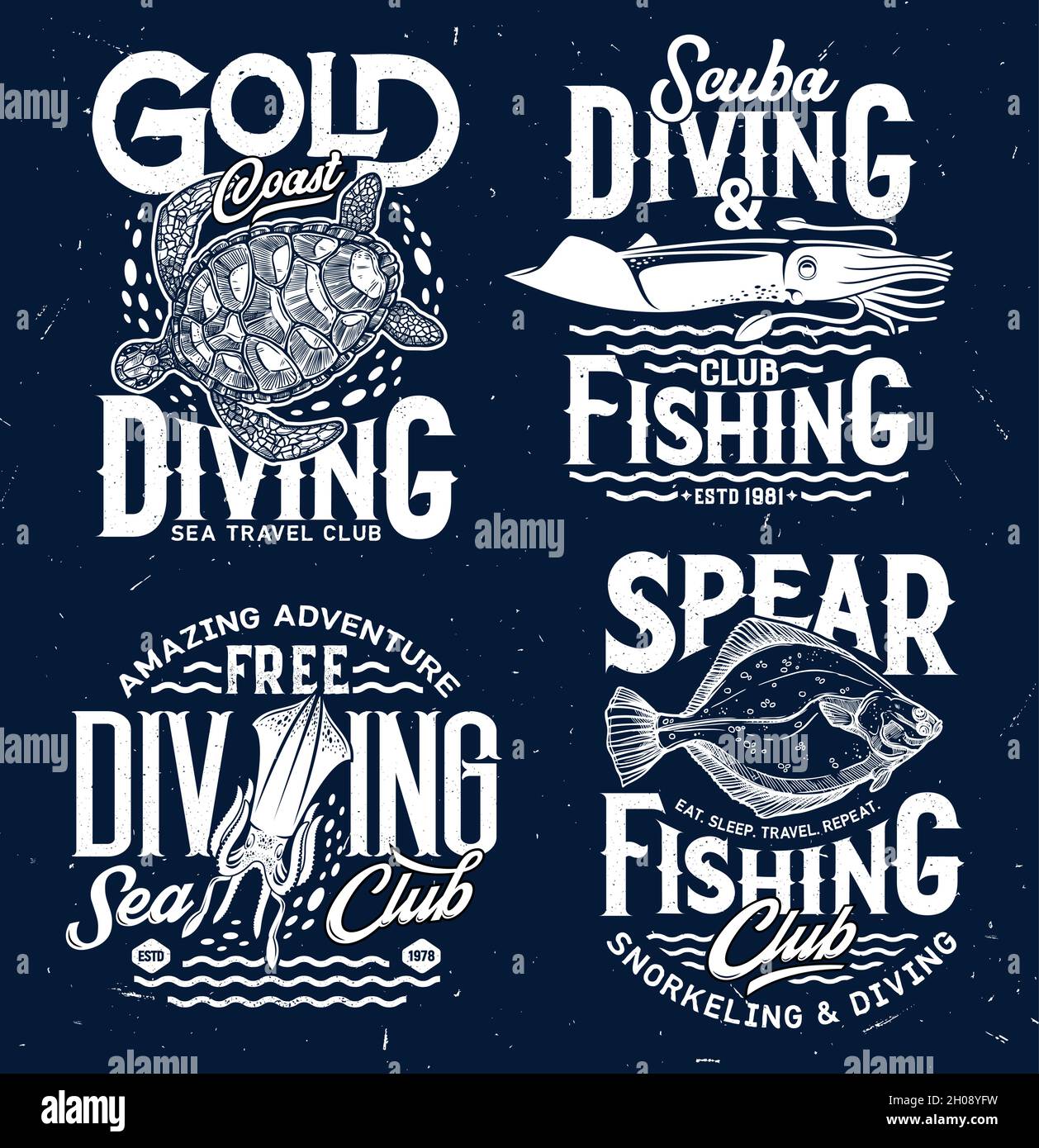 Spear fishing and ocean scuba diving club t-shirt print. Sea