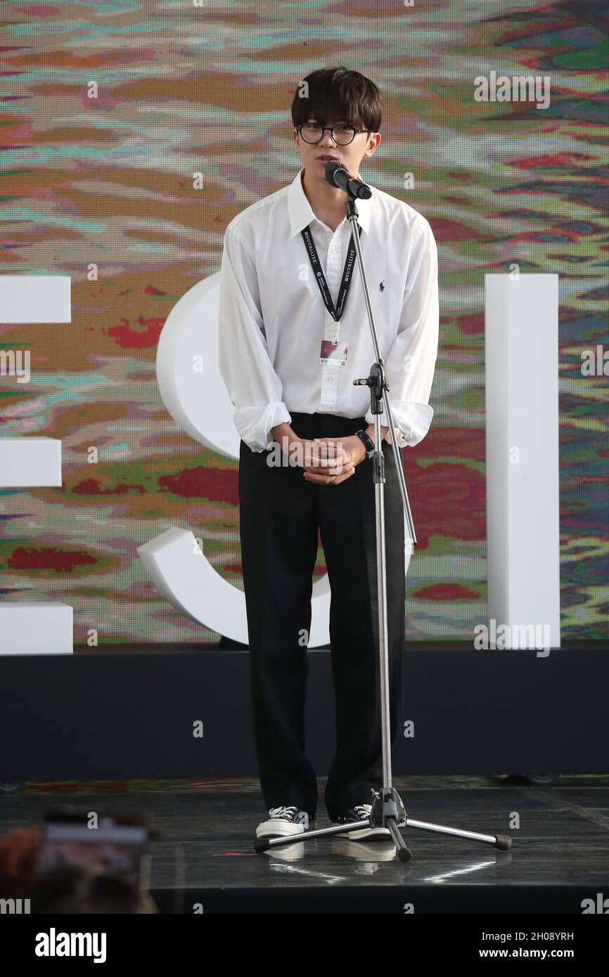 12th Oct, 2021. S. Korean actor Kim Shin-bi South Korean actor Kim Shin-bi  greets during a publicity event for the movie "Fairy" at the 26th Busan  International Film Festival (BIFF) in the