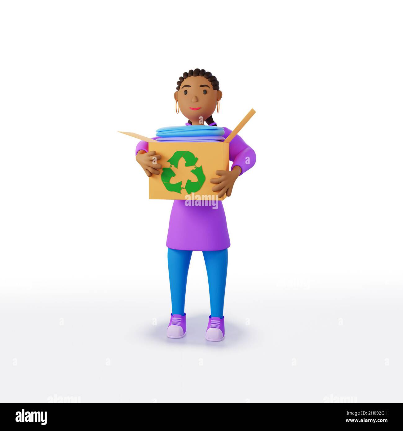 3D render of lady carrying box of clothes with recycle textiles icon on box, recycle clothes for  sustainable fashion, concept, 3D illustration Stock Photo