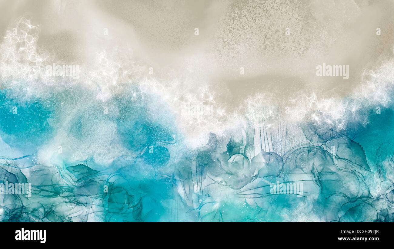 Abstract beach and ocean wave art painting background alcohol ink technique Stock Photo