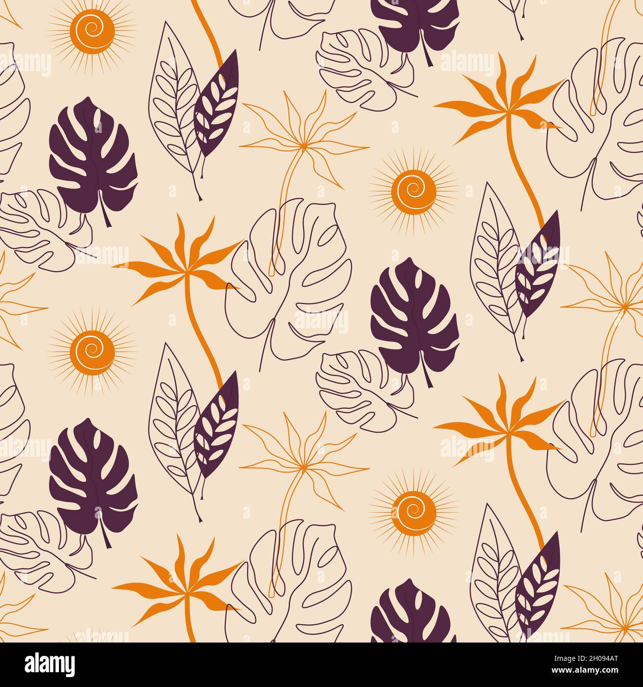Monstera and palm leaves. Plants pattern. Vector illustration. Stock Vector