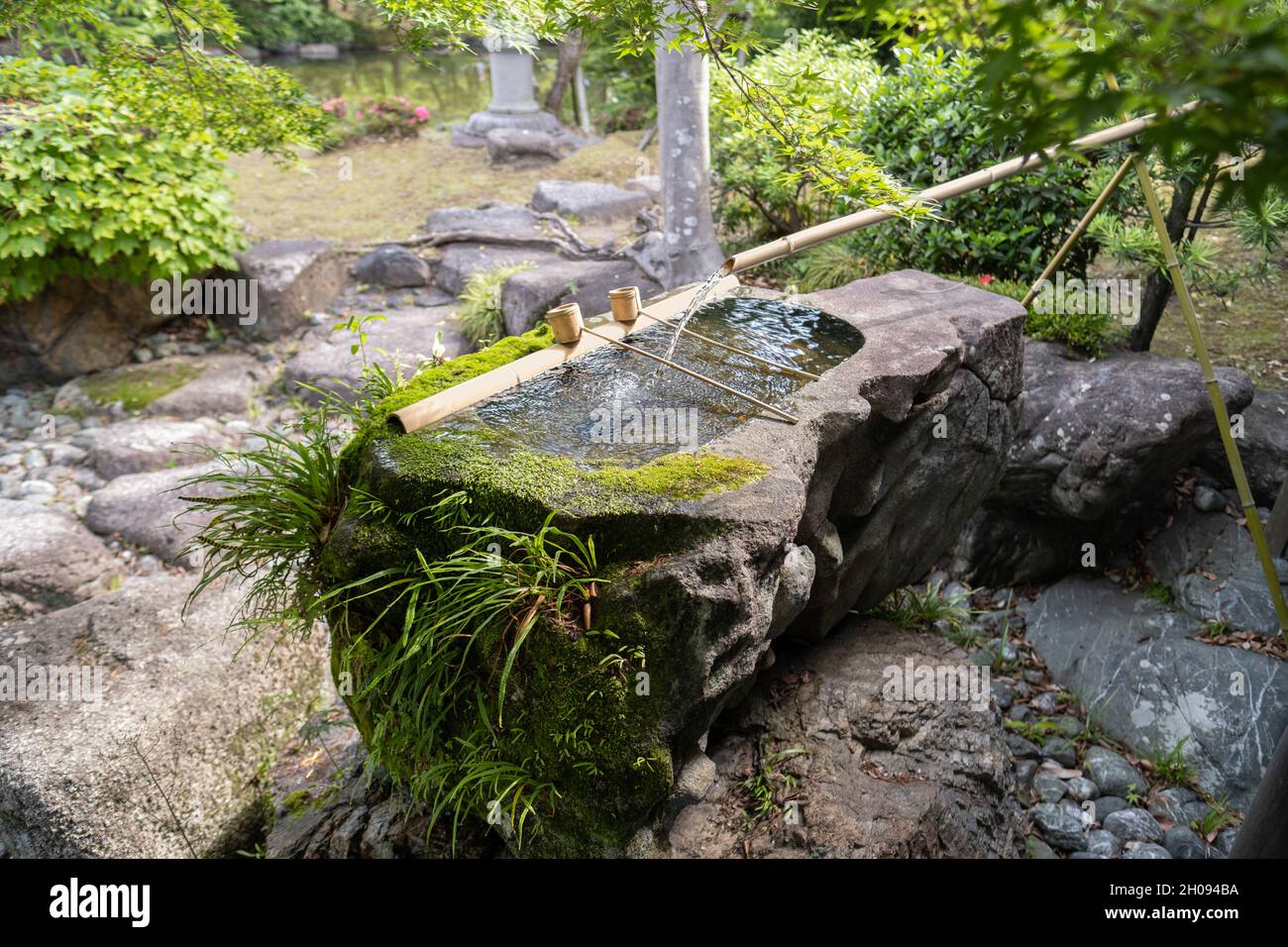 Large stone water basin with bamboo pipe and running water. Japanese garden motif. Stock Photo